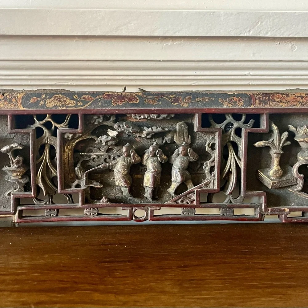 Antique Chinese Hand-Carved Wood Architectural Panel